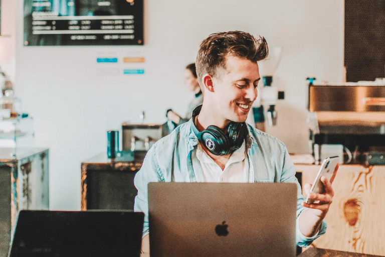 Happy employee with a wellbeing program